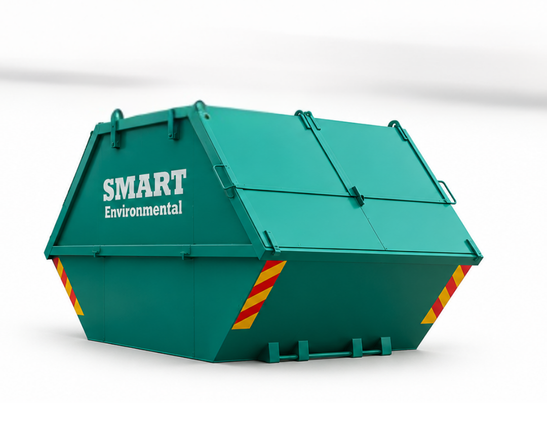 Enclosed asbestos skip supplied by Smart Environmental. Enclosed asbestos skip supplied by Smart Environmental.