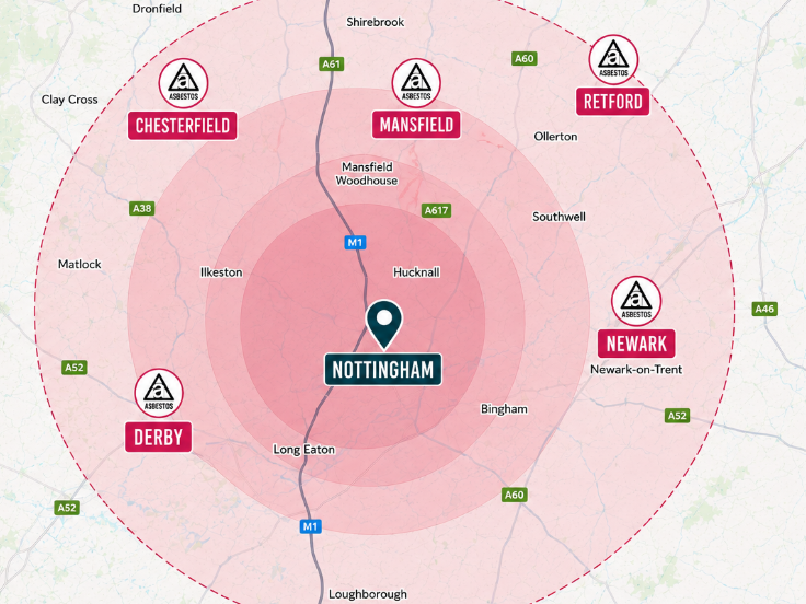 Map showing Smart Environmental's asbestos skip hire coverage across Nottinghamshire, Derbyshire and surrounding areas.