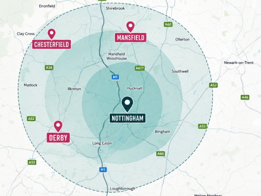 Map showing Smart Environmental's RoRo skip hire coverage across Nottinghamshire, Derbyshire and surrounding areas.