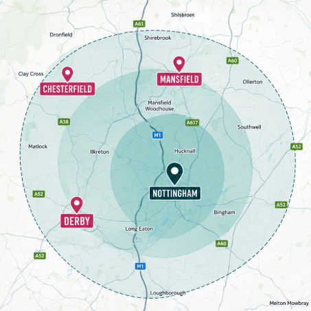 Map showing Smart Environmental RoRo skip hire coverage across Nottinghamshire, Derbyshire and surrounding areas.